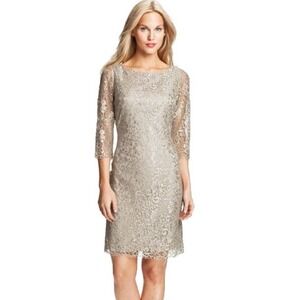 Calvin Klein Lace Dress 2P 2 Petite Beige Silver Metallic Sheath Formal Wedding